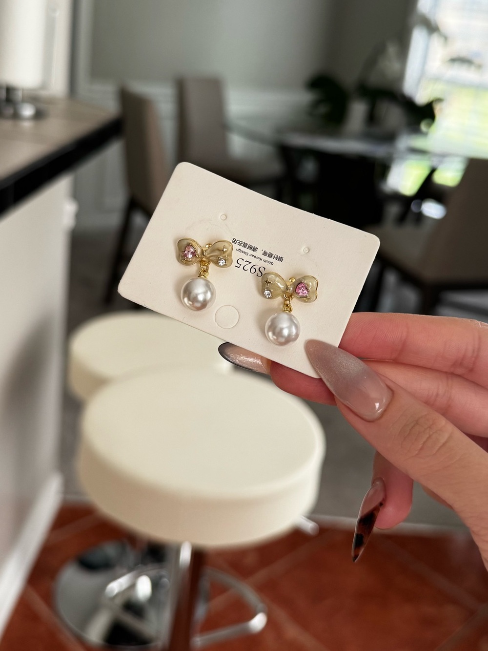 Pearl Drop Bow Stud Earrings - Gold & Pink Accents